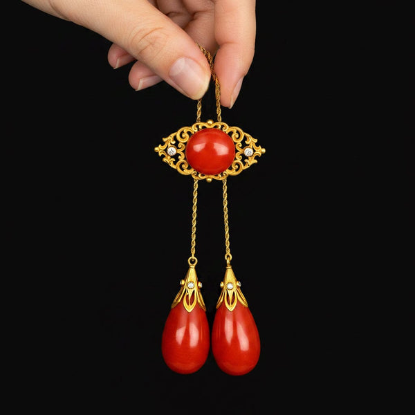 Antique Edwardian 18K Gold Coral Diamond Necklace