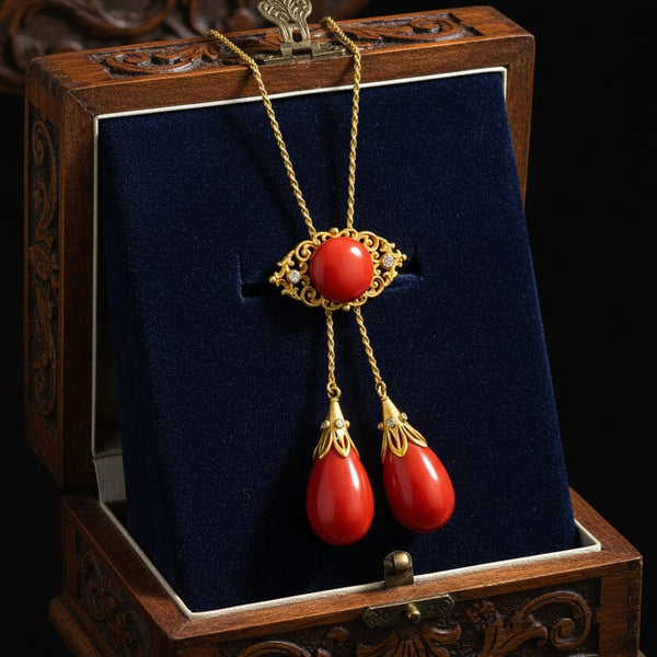Antique Edwardian 18K Gold Coral Diamond Necklace