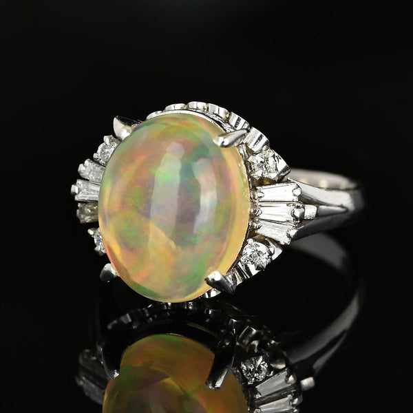 Vintage 3.70ct Jelly Opal Platinum Diamond Ring