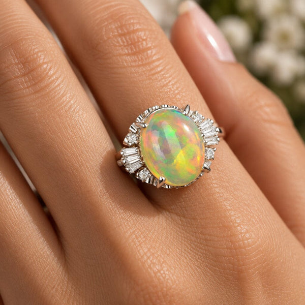 Vintage 3.70ct Jelly Opal Platinum Diamond Ring