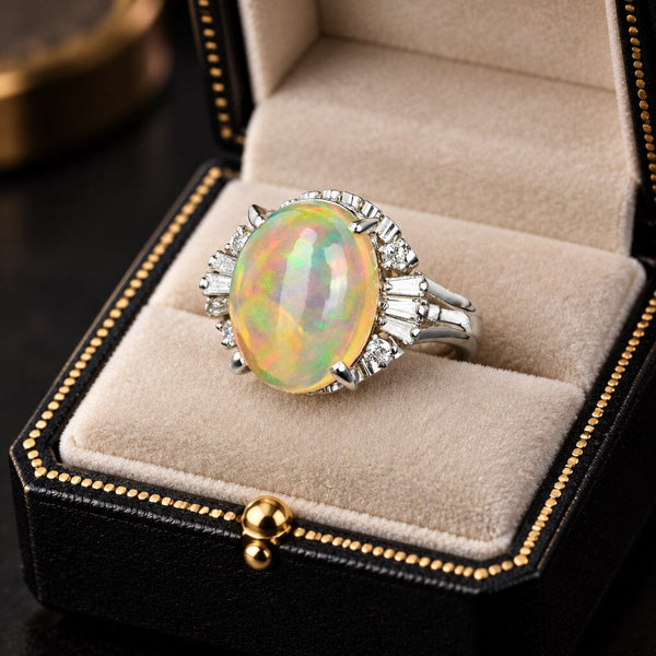 Vintage 3.70ct Jelly Opal Platinum Diamond Ring