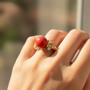18K Gold Diamond Large Red Orange Mediterranean Coral Ring - Boylerpf