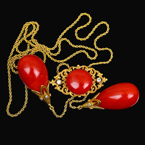 Antique Edwardian 18K Gold Coral Diamond Necklace