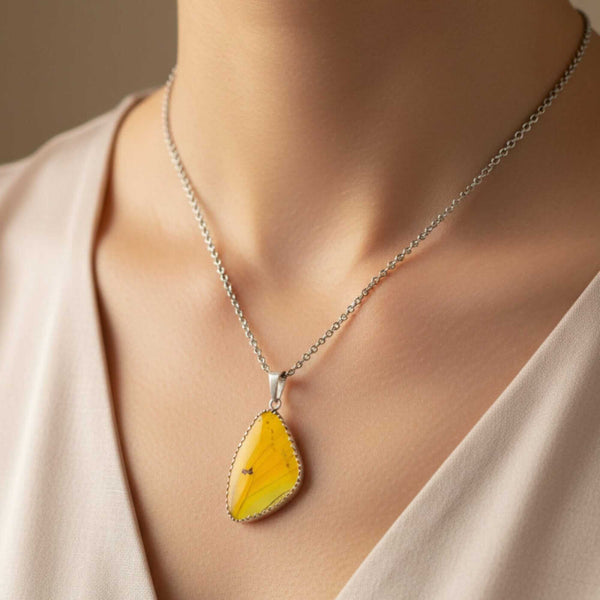 Vintage Silver Yellow Morpho Butterfly Wing Pendant - Boylerpf