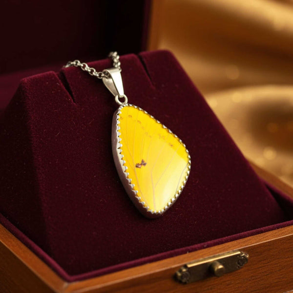 Vintage Silver Yellow Morpho Butterfly Wing Pendant - Boylerpf