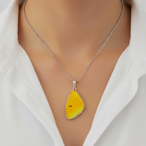 Vintage Silver Yellow Morpho Butterfly Wing Pendant - Boylerpf