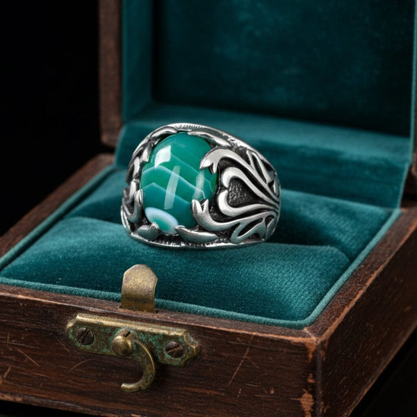 Vintage Green Banded Agate Ring Sterling Silver Sz 10.75