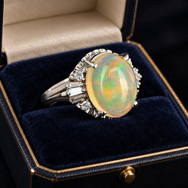 Vintage 3.70ct Jelly Opal Platinum Diamond Ring