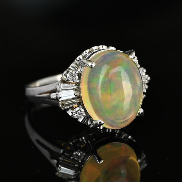 Vintage 3.70ct Jelly Opal Platinum Diamond Ring
