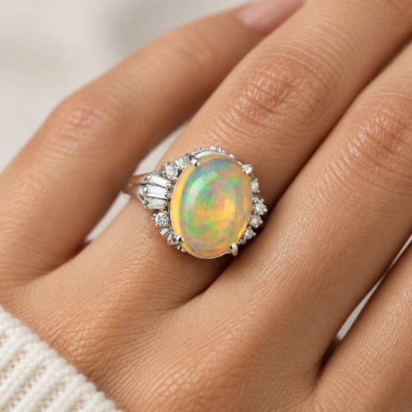 Vintage 3.70ct Jelly Opal Platinum Diamond Ring