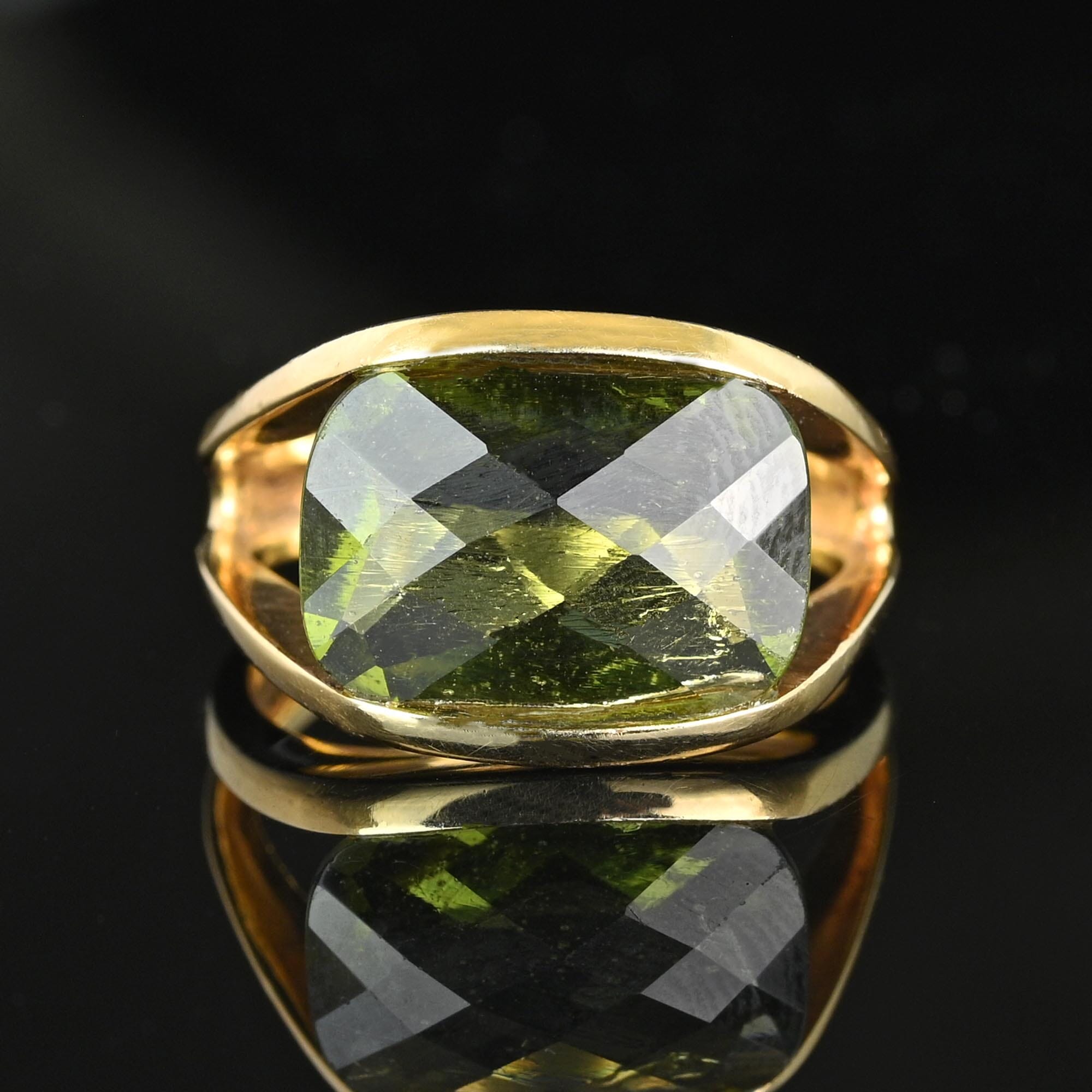 Unique 14K Gold Checkerboard Cut Natural Moldavite Ring Boylerpf