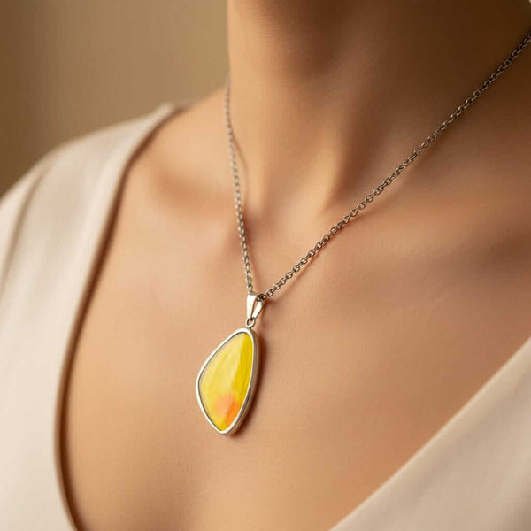 Vintage Silver Yellow Morpho Butterfly Wing Pendant - Boylerpf