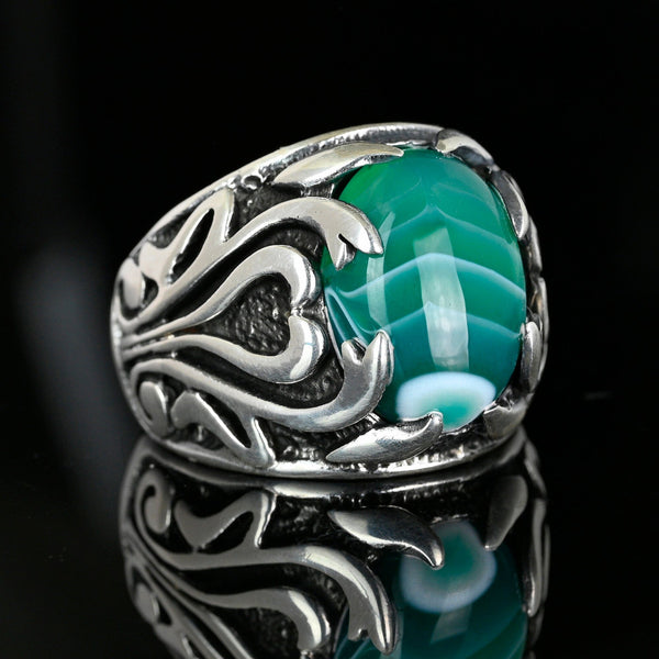 Vintage Green Banded Agate Ring Sterling Silver Sz 10.75