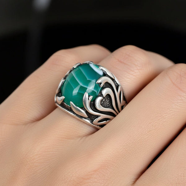 Vintage Green Banded Agate Ring Sterling Silver Sz 10.75