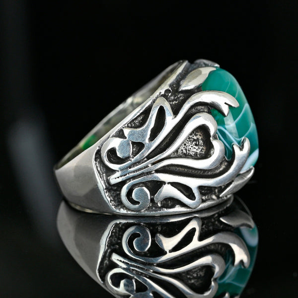 Vintage Green Banded Agate Ring Sterling Silver Sz 10.75