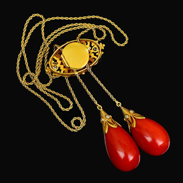 Antique Edwardian 18K Gold Coral Diamond Necklace