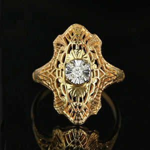 Art Deco 14K Gold Filigree Diamond Shield Ring - Boylerpf