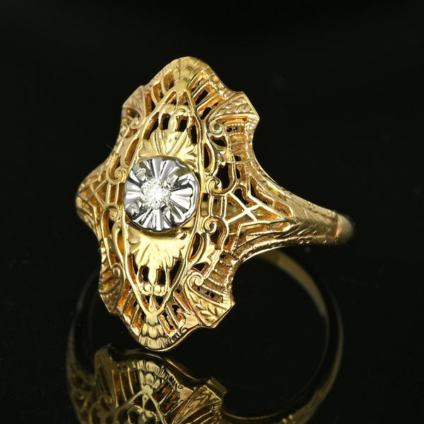 Art Deco 14K Gold Filigree Diamond Shield Ring - Boylerpf