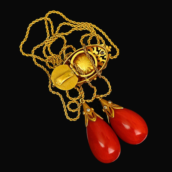 Antique Edwardian 18K Gold Coral Diamond Necklace