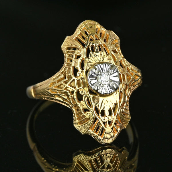 Art Deco 14K Gold Filigree Diamond Shield Ring - Boylerpf