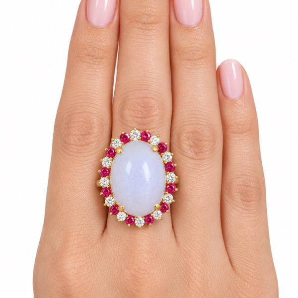 18K Gold Lavender Jadeite Ring 23ct Ruby Diamond Halo