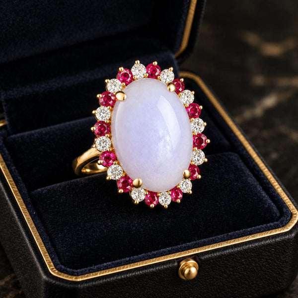 18K Gold Lavender Jadeite Ring 23ct Ruby Diamond Halo