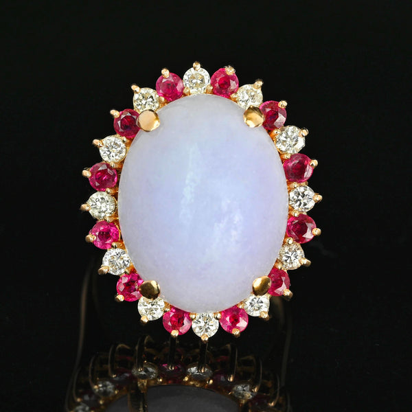 18K Gold Lavender Jadeite Ring 23ct Ruby Diamond Halo