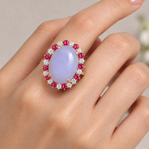 18K Gold Lavender Jadeite Ring 23ct Ruby Diamond Halo