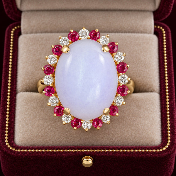 18K Gold Lavender Jadeite Ring 23ct Ruby Diamond Halo