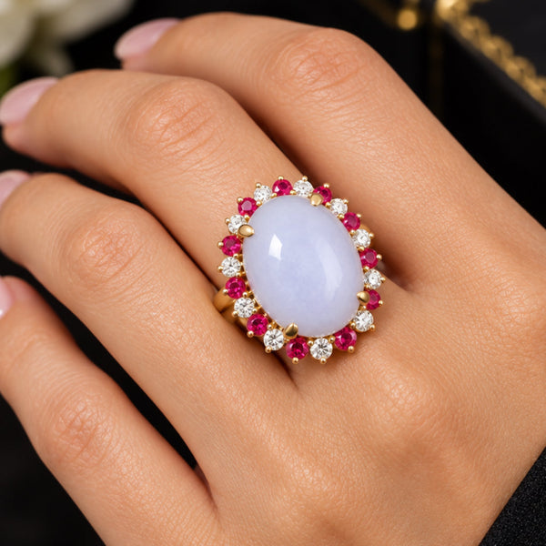 18K Gold Lavender Jadeite Ring 23ct Ruby Diamond Halo