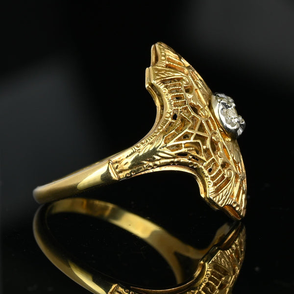 Art Deco 14K Gold Filigree Diamond Shield Ring - Boylerpf