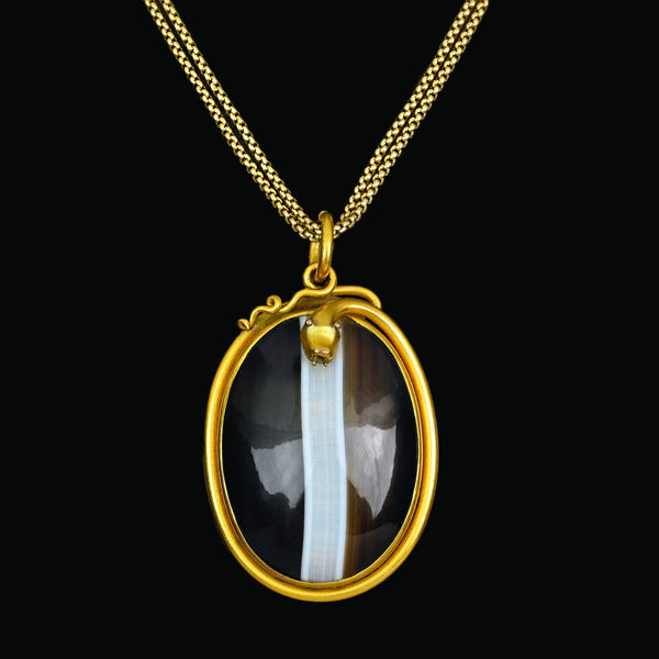 Victorian Banded Agate Snake Pendant Locket in Pinchbeck