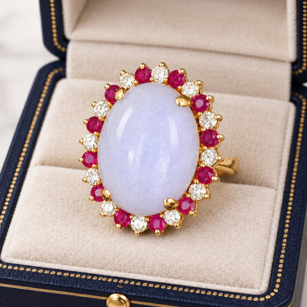 18K Gold Lavender Jadeite Ring 23ct Ruby Diamond Halo