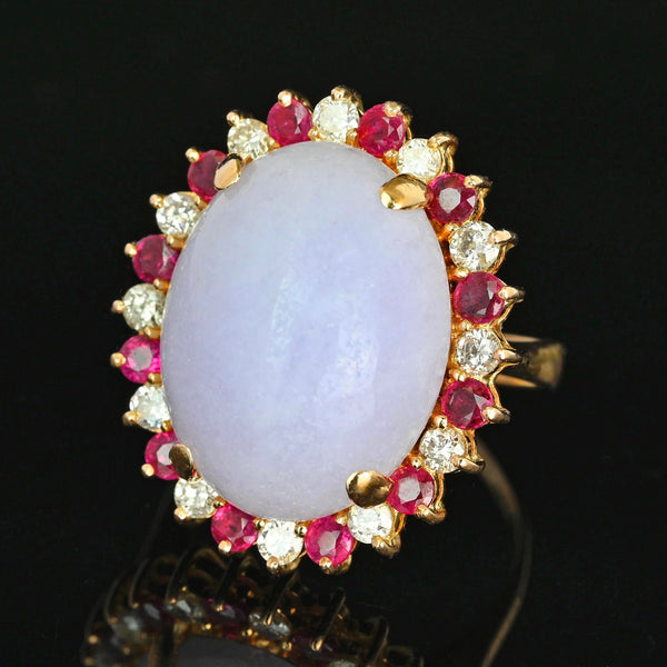 18K Gold Lavender Jadeite Ring 23ct Ruby Diamond Halo