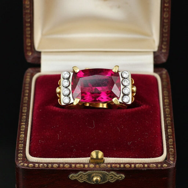 Vintage 1940s Tourmaline Diamond Ring 14K Gold 5.5ct - Boylerpf