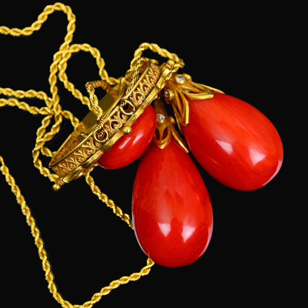 Antique Edwardian 18K Gold Coral Diamond Necklace