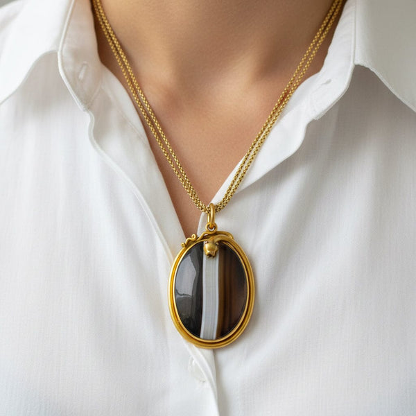 Victorian Banded Agate Snake Pendant Locket in Pinchbeck