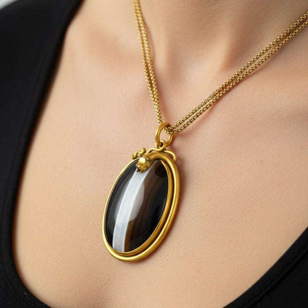 Victorian Banded Agate Snake Pendant Locket in Pinchbeck