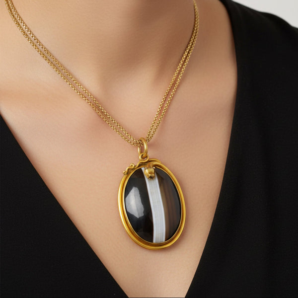 Victorian Banded Agate Snake Pendant Locket in Pinchbeck