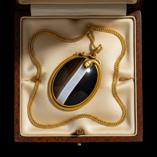 Victorian Banded Agate Snake Pendant Locket in Pinchbeck