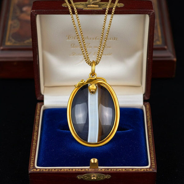 Victorian Banded Agate Snake Pendant Locket in Pinchbeck
