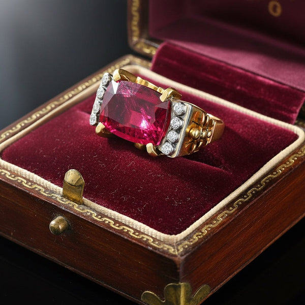 Vintage 1940s Tourmaline Diamond Ring 14K Gold 5.5ct - Boylerpf