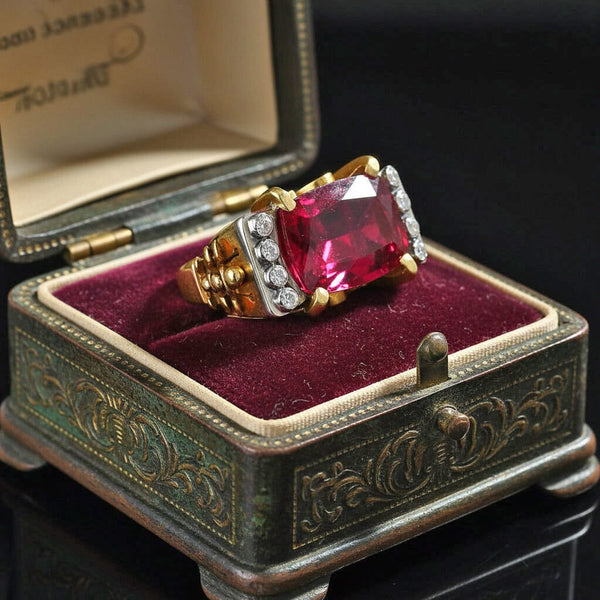 Vintage 1940s Tourmaline Diamond Ring 14K Gold 5.5ct - Boylerpf