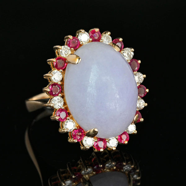 18K Gold Lavender Jadeite Ring 23ct Ruby Diamond Halo