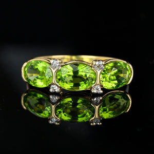 Vintage 10K Gold Three Stone Peridot Diamond Ring Band - Boylerpf
