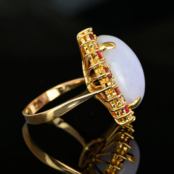 18K Gold Lavender Jadeite Ring 23ct Ruby Diamond Halo