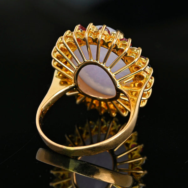 18K Gold Lavender Jadeite Ring 23ct Ruby Diamond Halo