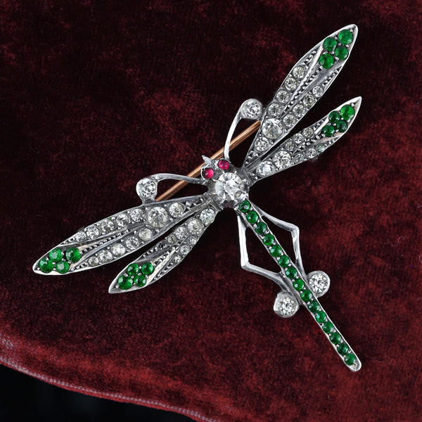 Art Deco Ruby Diamond Emerald Paste Dragonfly Brooch - Boylerpf