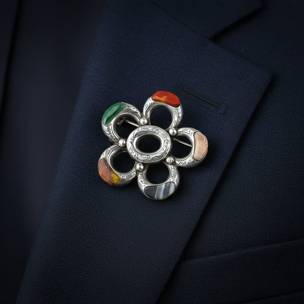 Antique Victorian Crescent Moon Scottish Agate Pebble Brooch - Boylerpf