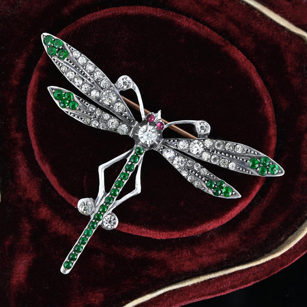 Art Deco Ruby Diamond Emerald Paste Dragonfly Brooch - Boylerpf
